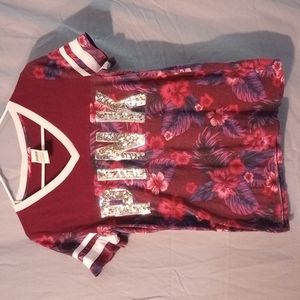 PINK BRAND BURGUNDY W/ SILVER SEQUIN TOP TROPICAL FLORAL PATTERN SIZE MEDIUM